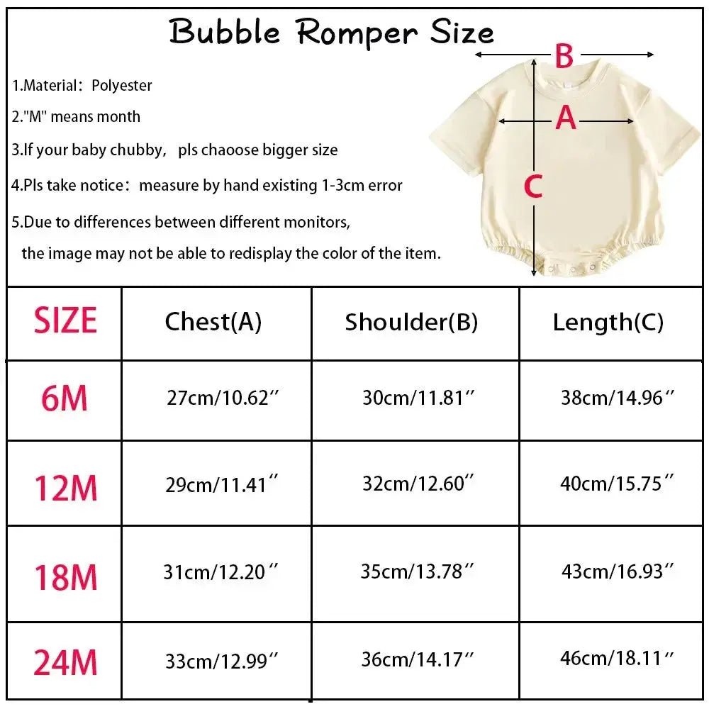 Size measurements chart for Auntie's Little Bestie baby romper, ensuring the perfect fit