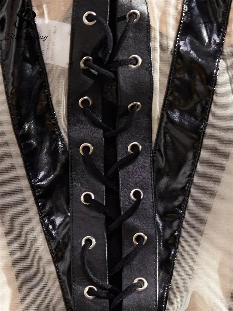 Leather Splicing Mesh Lingerie Set sitodo