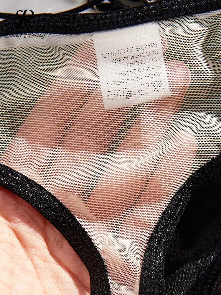 Leather Splicing Mesh Lingerie Set sitodo