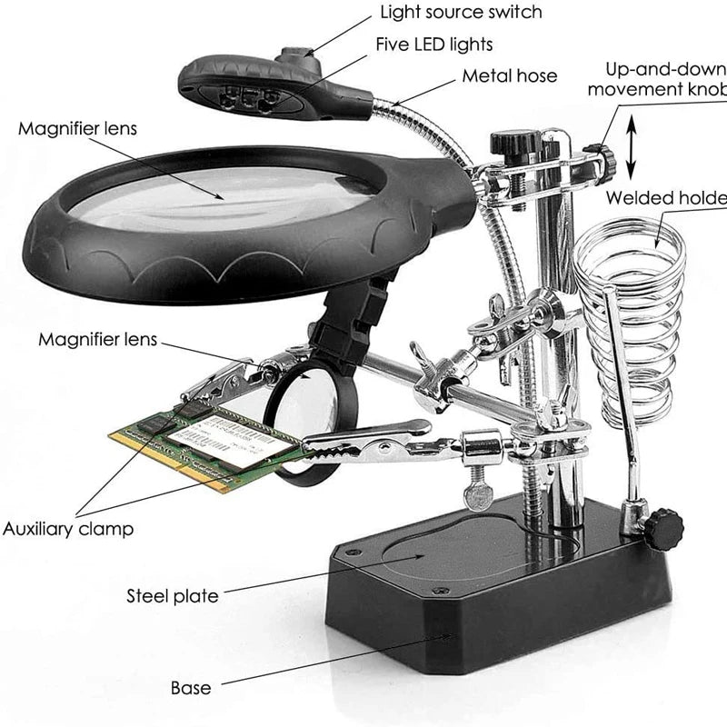 Lupa de soldadura, luz LED, Clip auxiliar, lupa 3 en 1, soporte de hierro para soldar a mano, estación de soporte