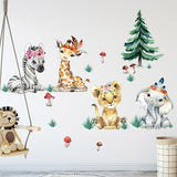 Pegatinas de pared de pastizales de animales africanos de dibujos animados de acuarela para habitación de niños, decoración de habitación de bebé, pegatinas de elefante y jirafa
